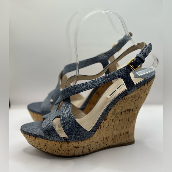 MIU MIU - Leather and Cork Platform Wedges in Jean Blue - Picture 6 of 7
